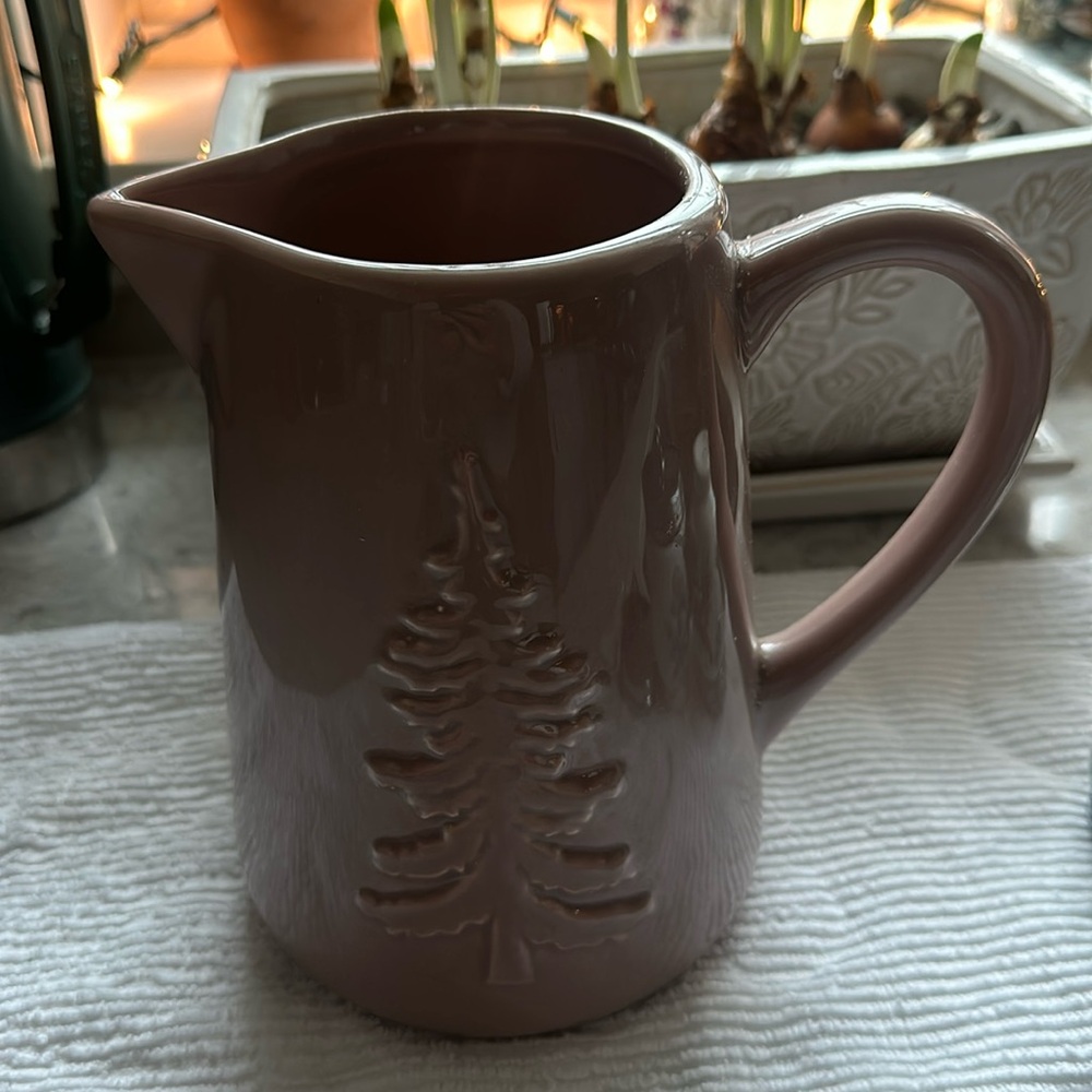pitcher with holiday design 
Tree etched in glass. Mauve
